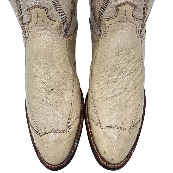 Vintage Cowboy Boots Quill Ostrich Cream Ivory Sanders Men's 7.5D Western Boots