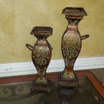 candle holder pillar painted African Kirkland set of 2 one handle on each stand