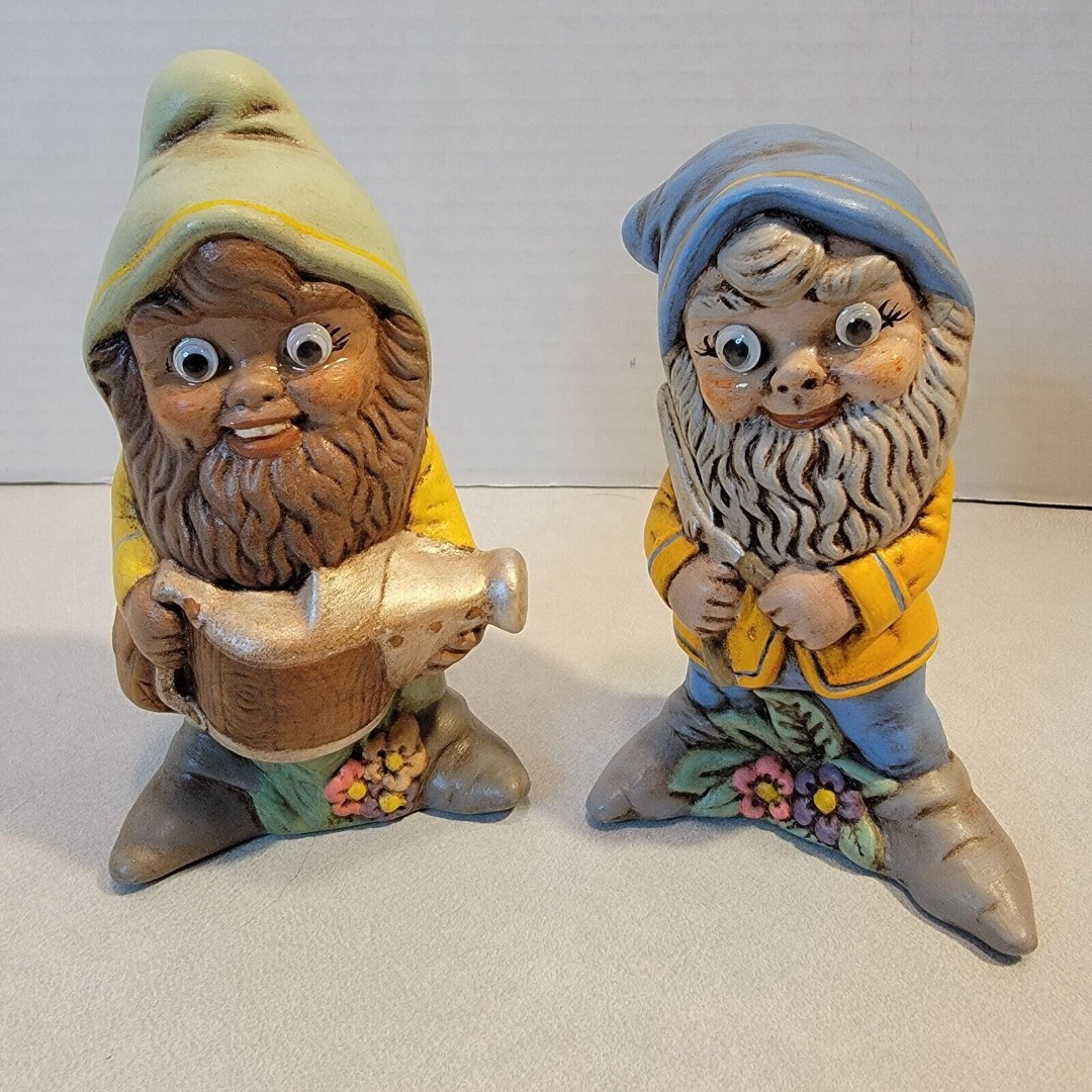 Vtg Pair Ceramic Garden Gnomes 5.5 Tall Boho 1970's Googly Eyes Hand Painted