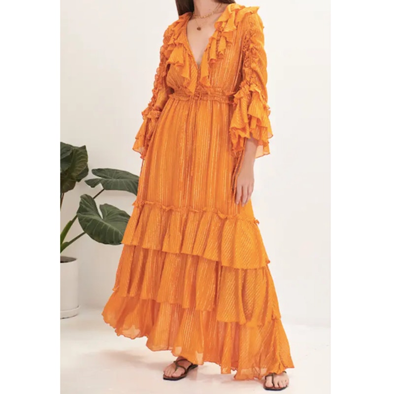 Sundress Dina Tiered V-Neck Ruffle Maxi Gown Dress Le Cap Mandarine Size XS/S