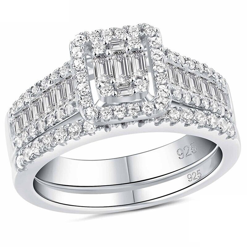 925 Sterling Silver Emerald Cut Multi Simulated Diamond Women's Ring Set