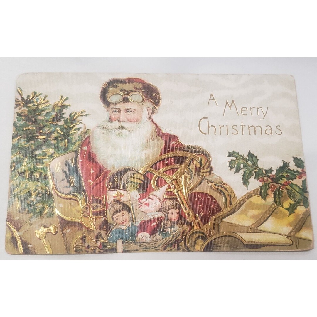 Santa Claus Burgundy Coat Driving Car Goggles Hat Tree Toys 1909 Germany gold