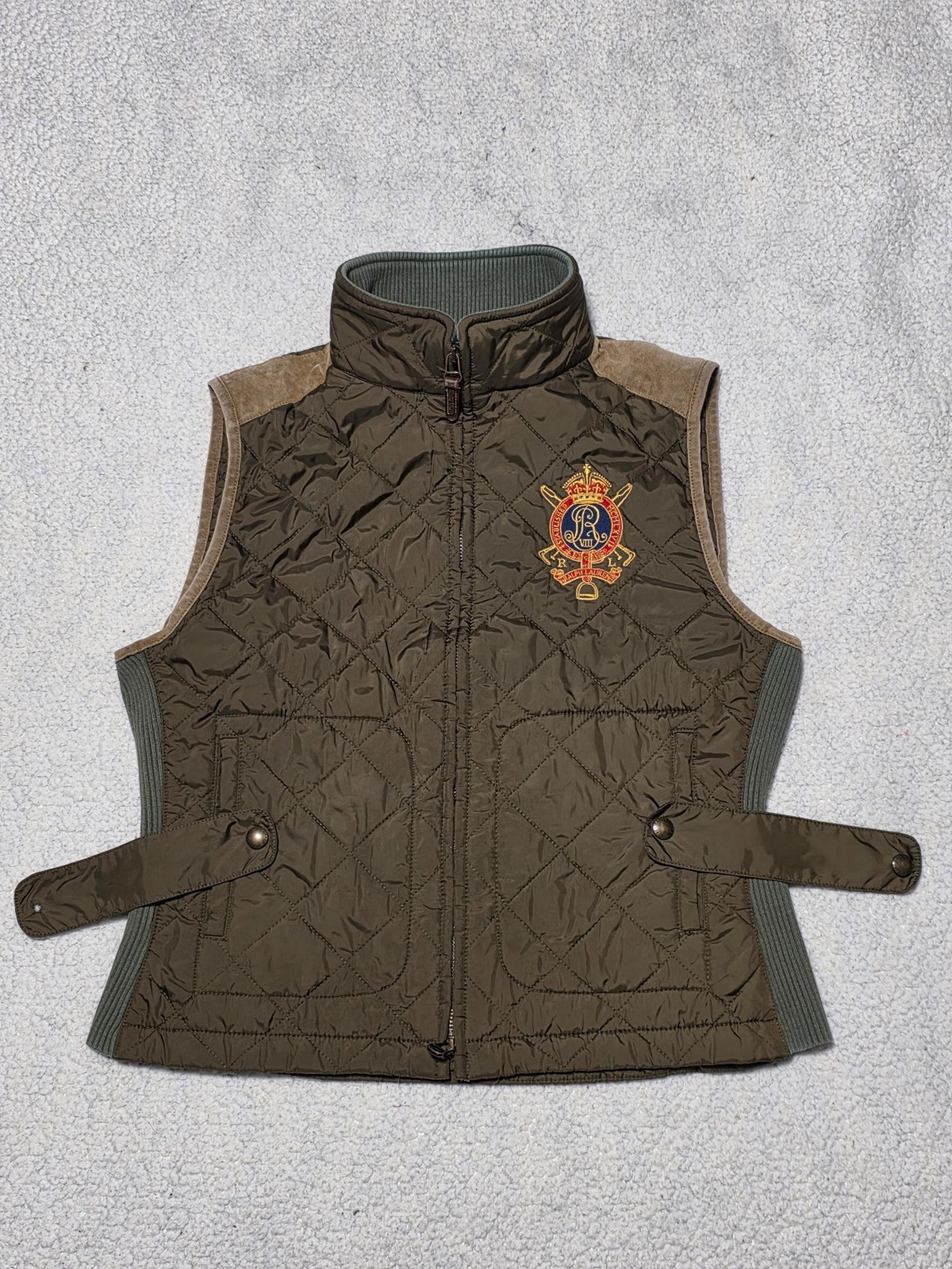 Rare Ralph Lauren Quilted Gilet Vest Women's Full Zip Brown Mock Neck sz L READ