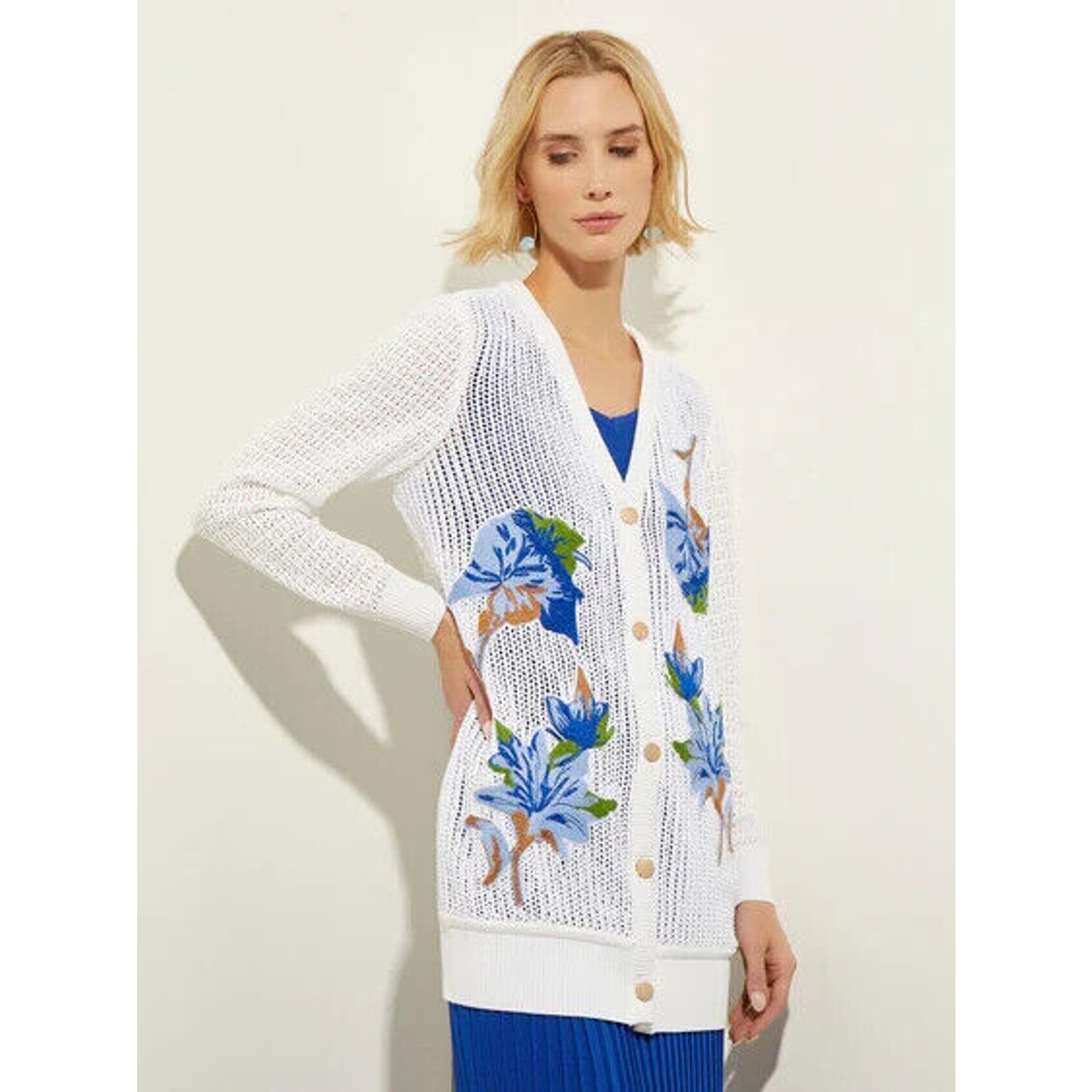NWOT MISOOK Embroidered Pointelle Knit Boyfriend Cardigan Sweater White Blue XS
