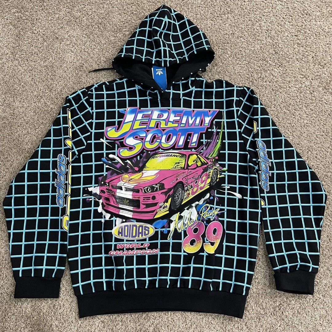 Adidas x Jeremy Scott Hoodie Men Medium Black Grid Rally NASCAR 80s Vibes HG6511