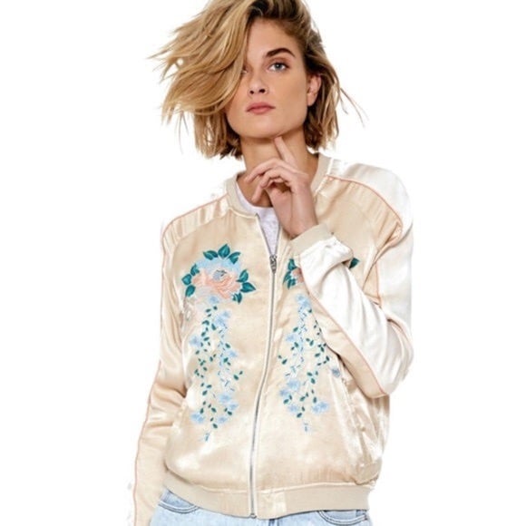 Blank NYC Pink Embroidered Satin Bomber