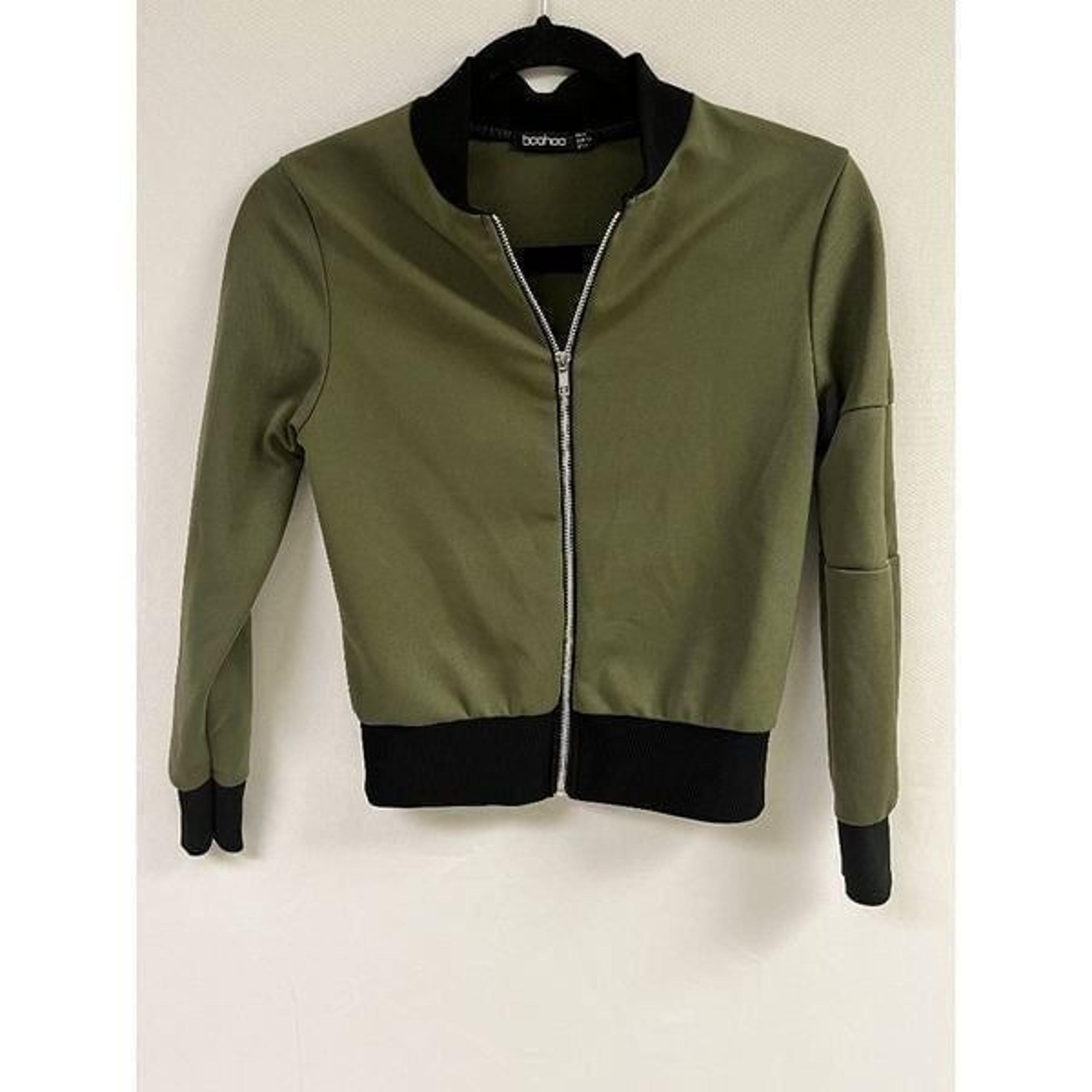 boohoo Women's Long Sleeve Zip up Casual Bomber Jacket Olive Green Size 4