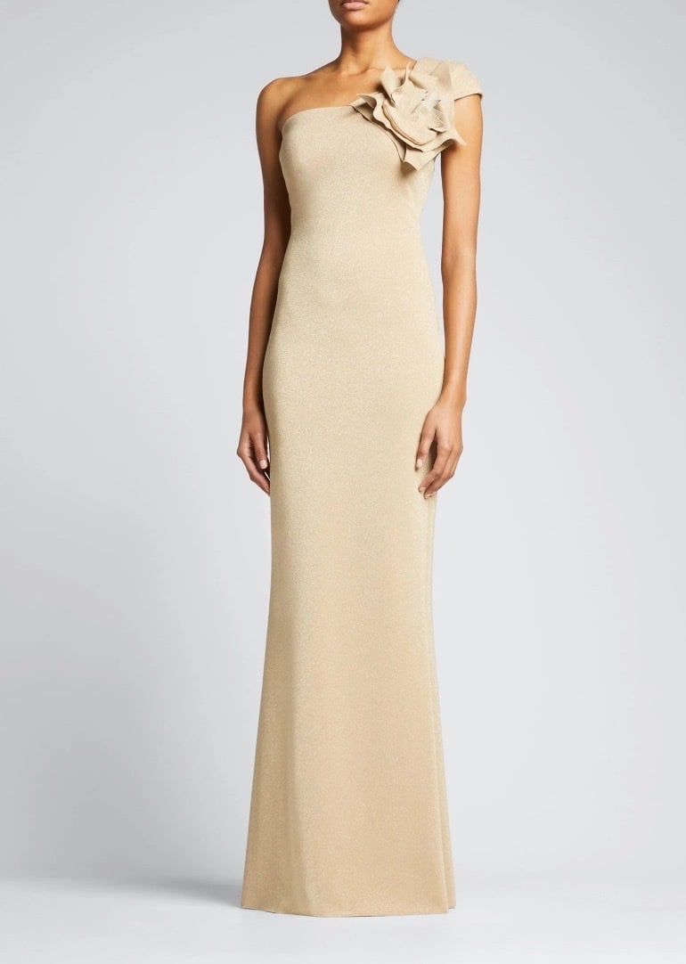 Chiara Boni Gold Flower-Embellished One-Shoulder Gown