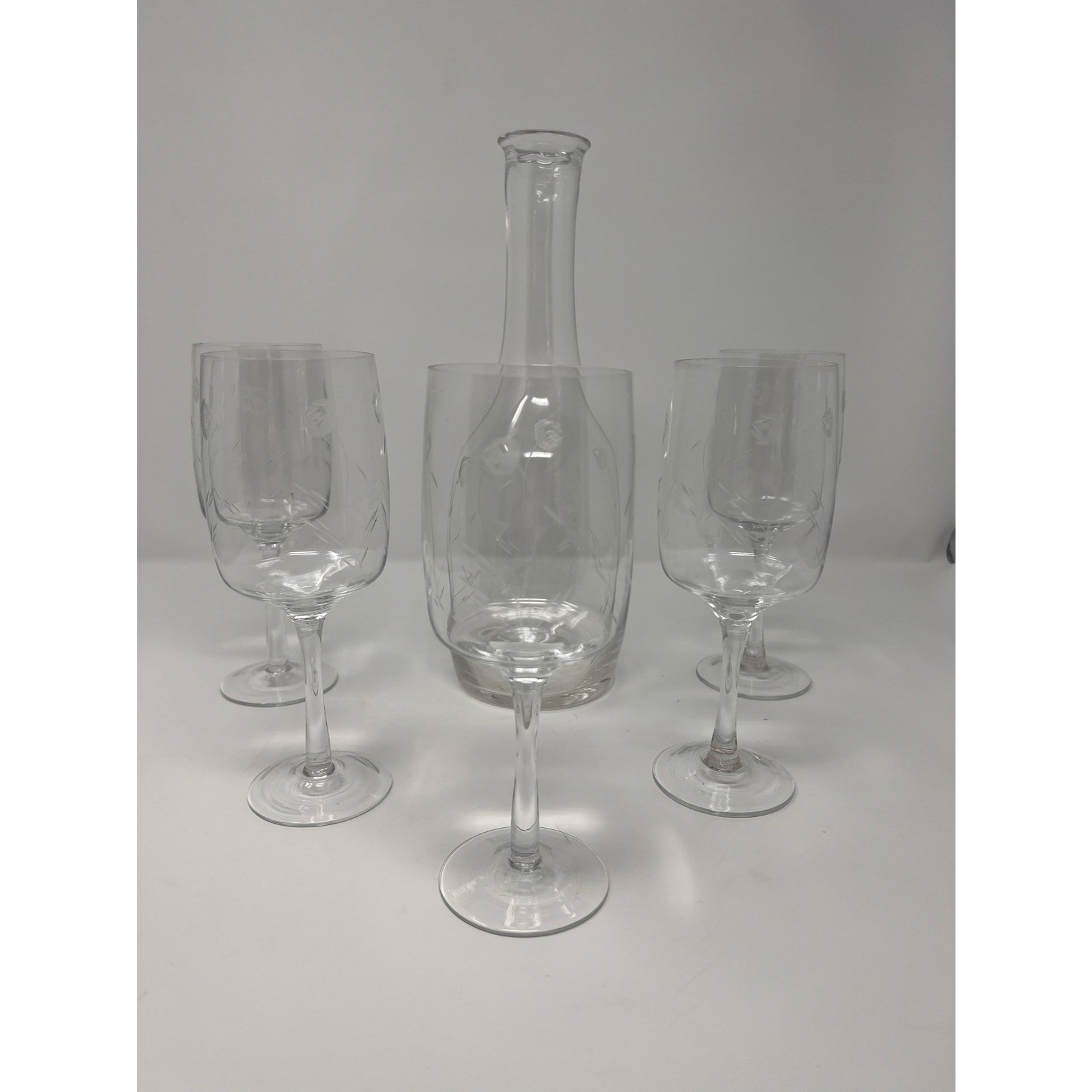Carafe 5 Glasses with Petite Roses 11 1/2 Tall Carafe 7 1/2 Tall Wine Glass