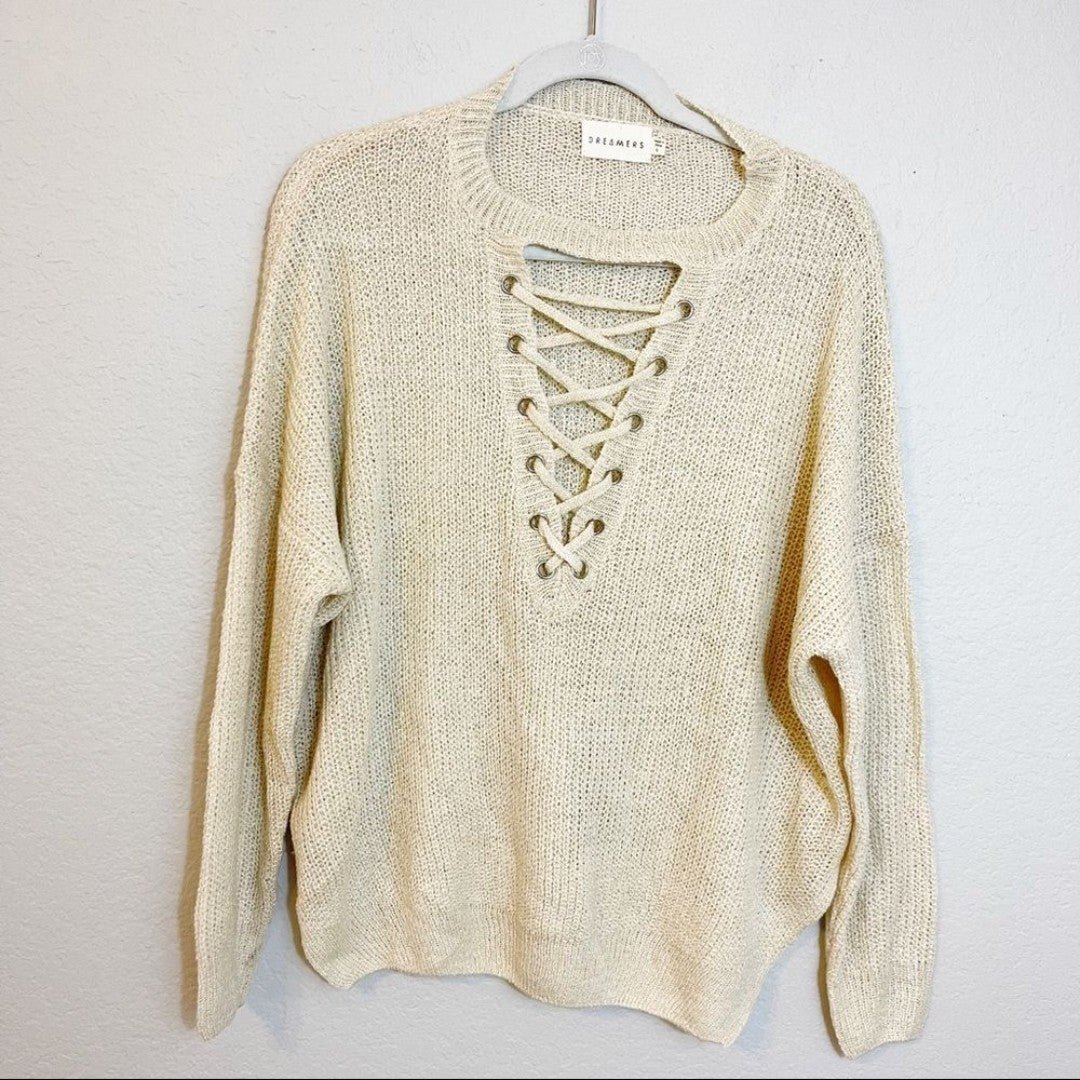 Dreamers Lace Up Oversized Slouchy Sweater Ivory large