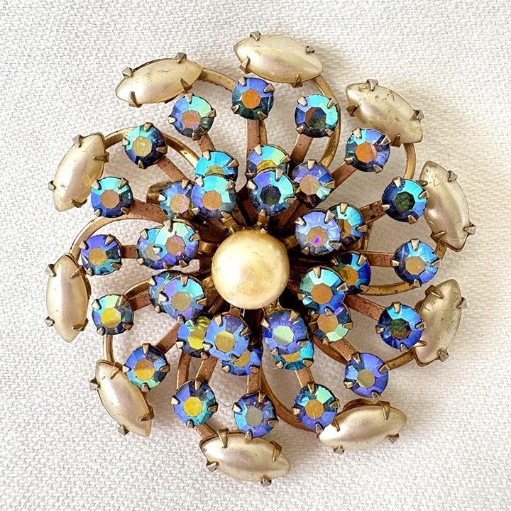 Vintage Aurora Borealis Rhinestones & Faux Pearls Pinwheel Layered Floral Brooch