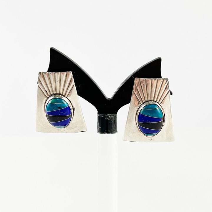 Vintage Sunwest Sterling Silver Blue Green Stone Inlay Geometric Post Earrings