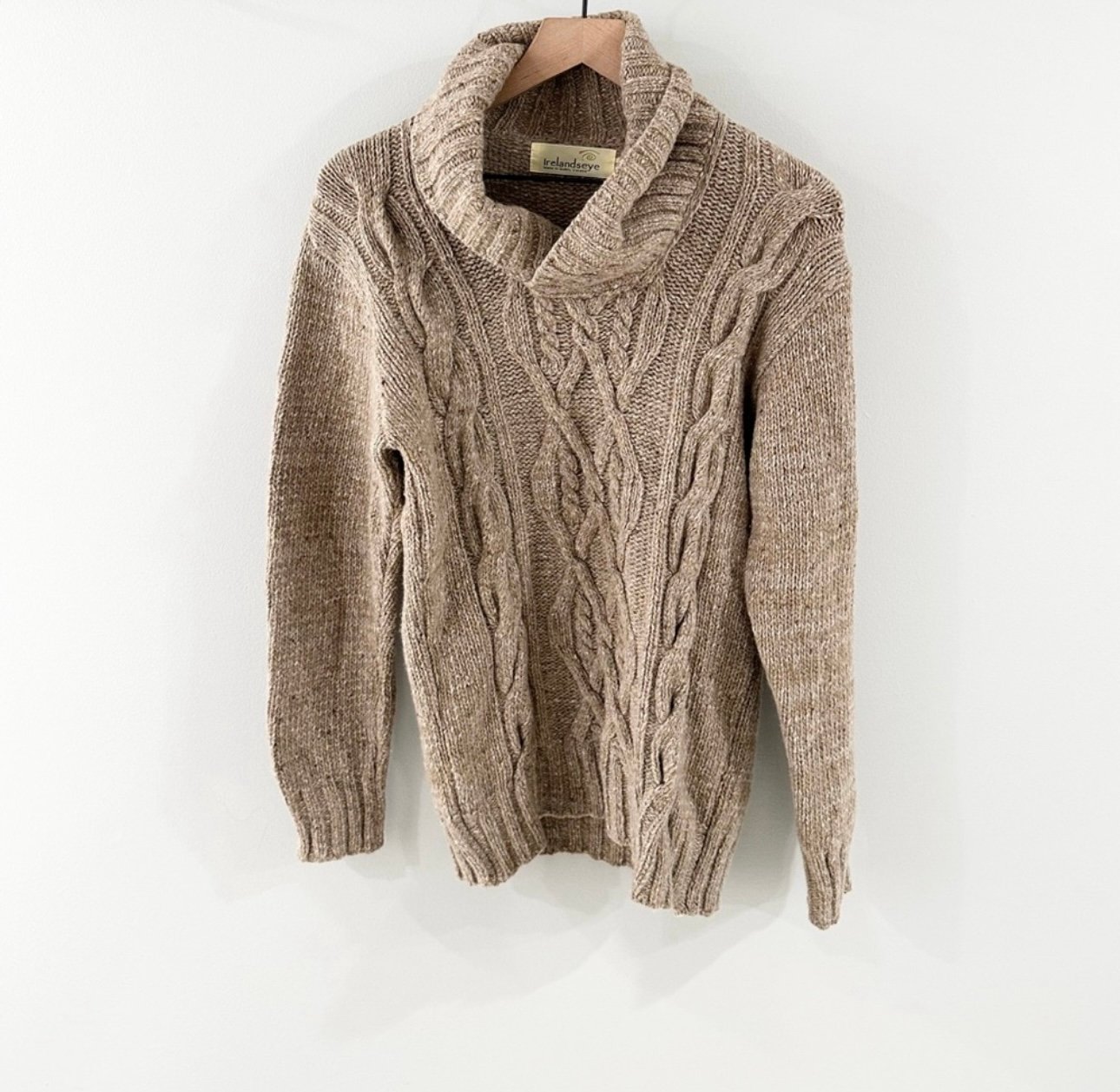 Irelandseye Wool Cashmere Shawl Collar Cable Knit Sweater Tan Size Small