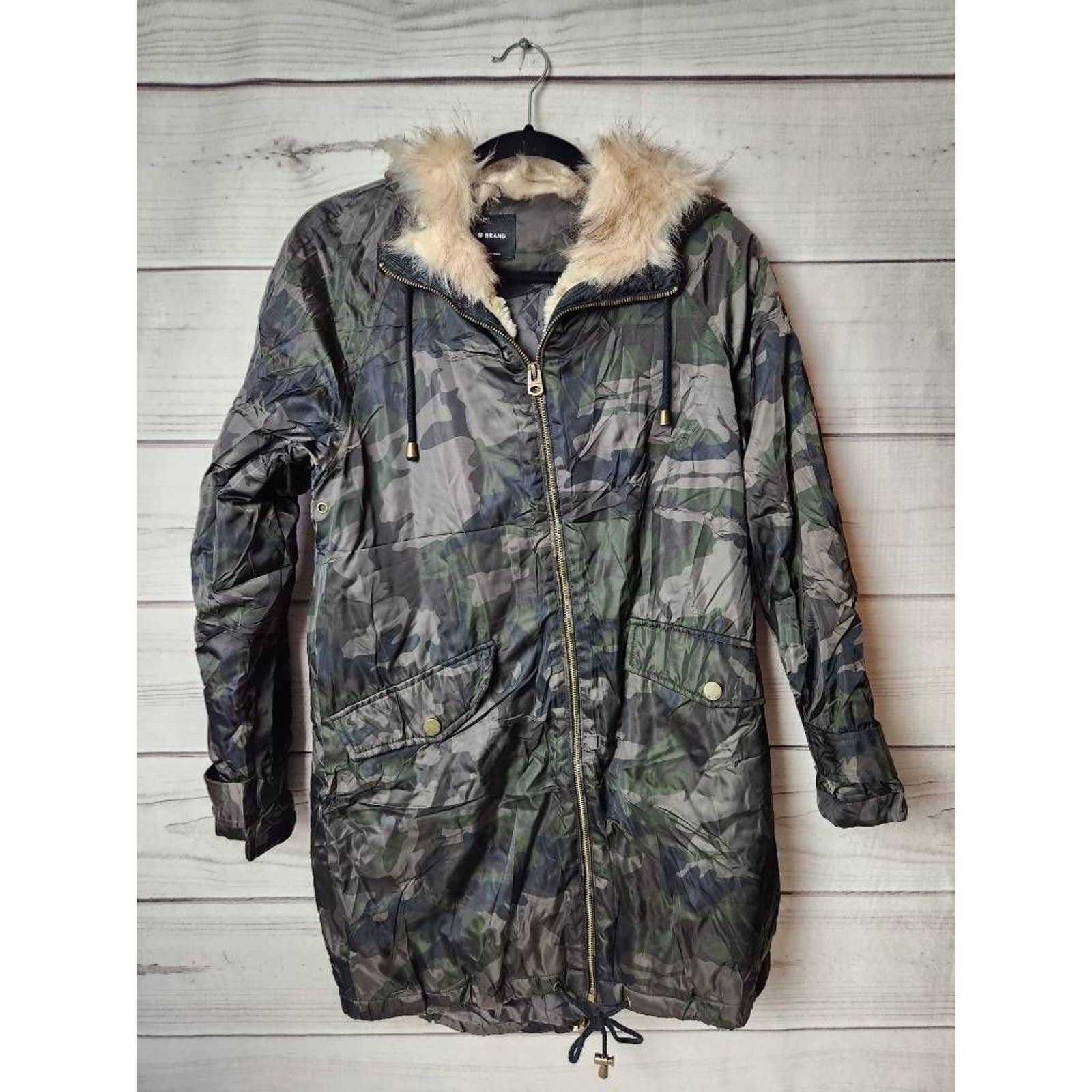 Lucky Brand Womens Parka Jacket Coat Camo Pockets Hooded Faux Fur Trim Zip XS