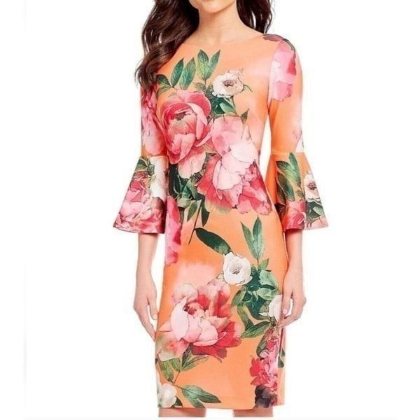 Calvin Klein Floral 3/4 Bell-Sleeve Tropical Multicolor Orange Dress Size 8