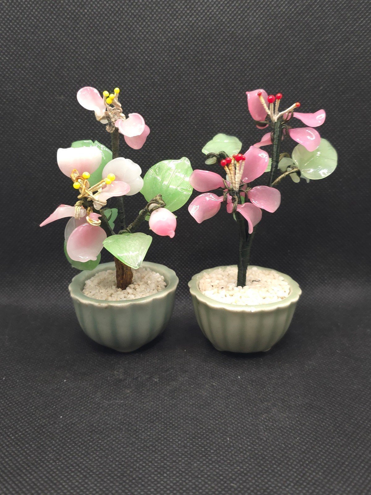 Set Of 2 Jade Green Colored Glass Bonsai Trees Pink Cherry Blossoms Vintage