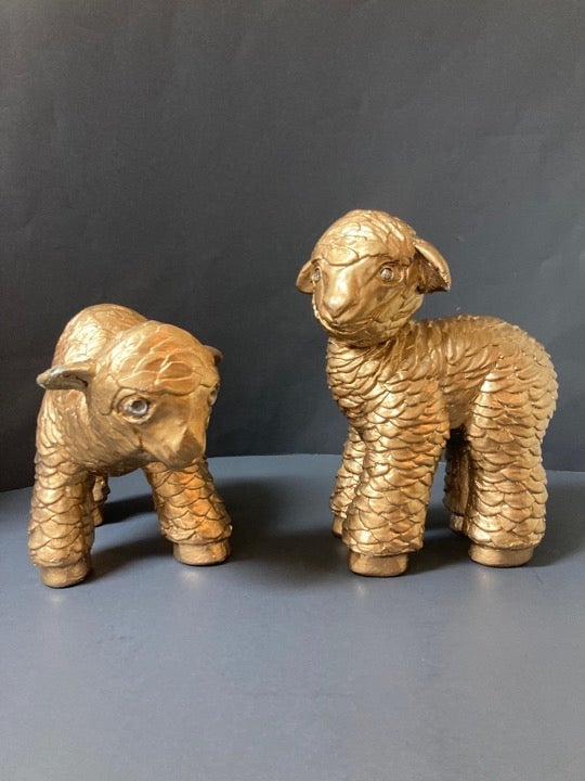 Vintage Signed #108 & #109 Pair of Bryan 68 Gold-Colored Ceramic Lamb Statue