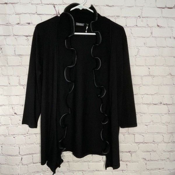 NWOT Neiman Marcus Ruffle Faux Leather Trim 3/4 Sleeve Open Front Cardigan M