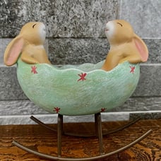 Laughing Bunny Rabbits Rocking in an Easter Egg Cradle Spring Easter Decoration