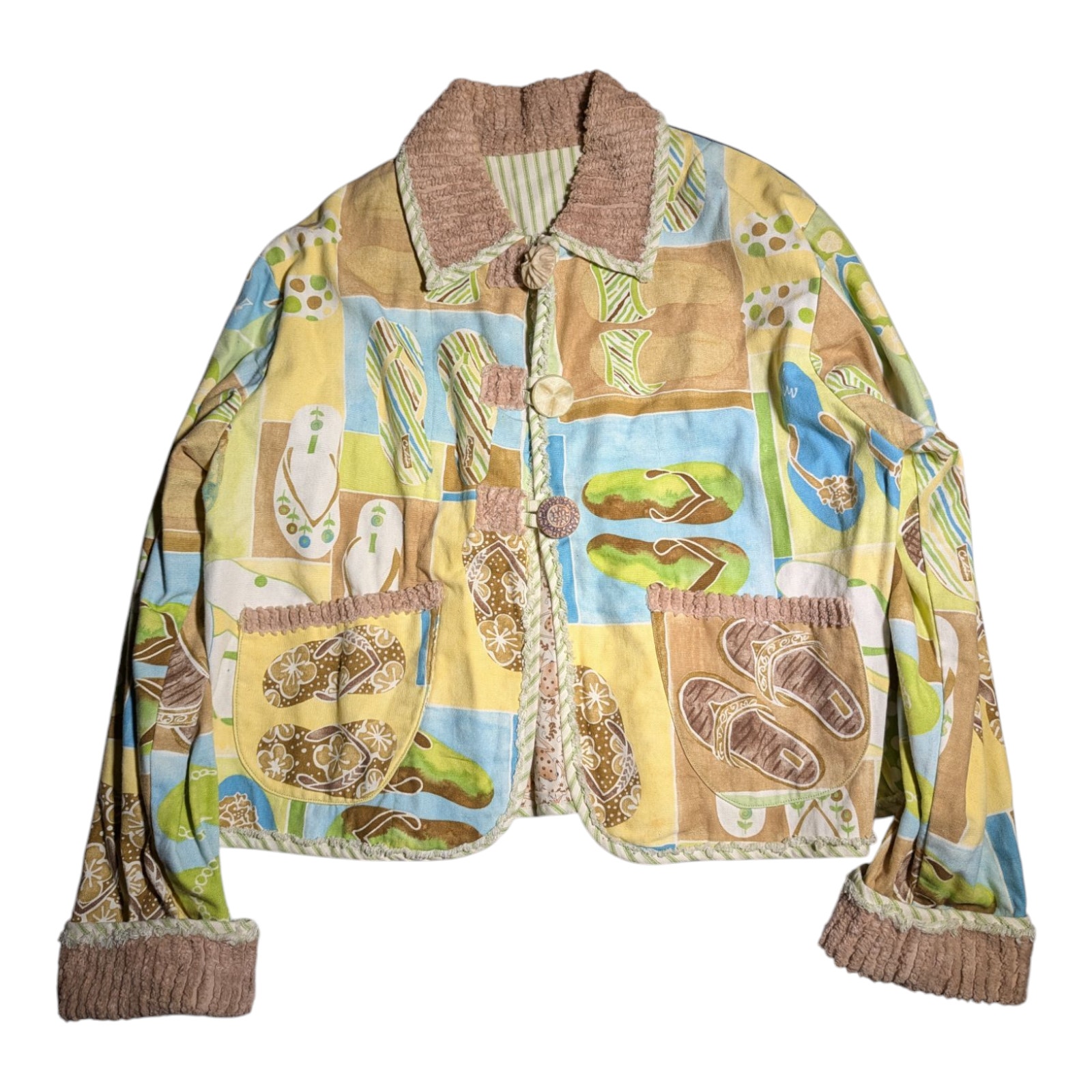 Vtg Y2K Handmade Blue Beige Beach Flip Flop Themed Corduroy Trim Cotton Jacket L