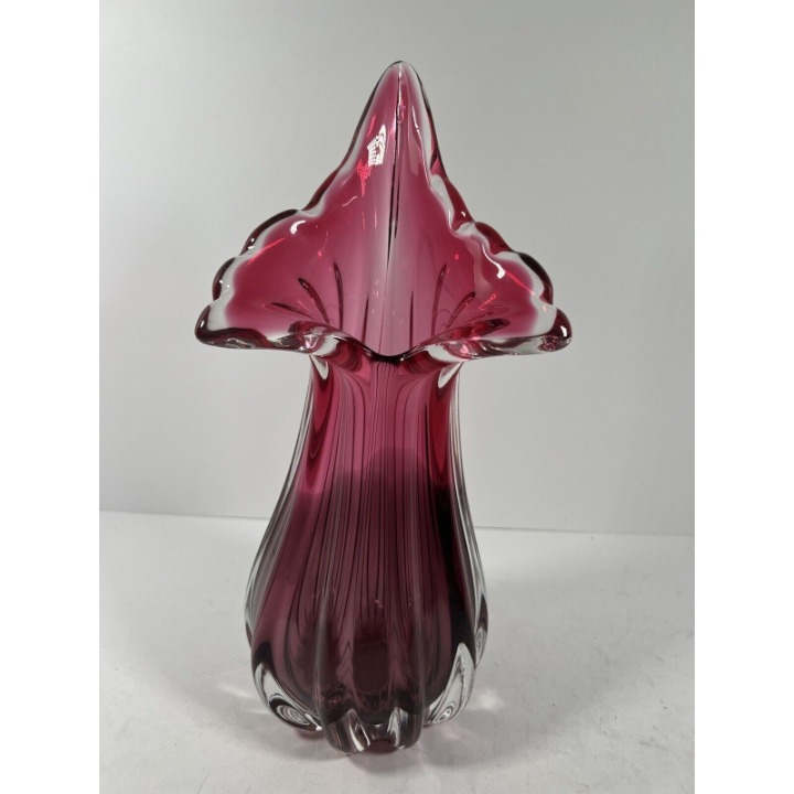 Jack In Pulpit Murano Glass Vase Cranberry￼ Ribbed 13.5 Tall