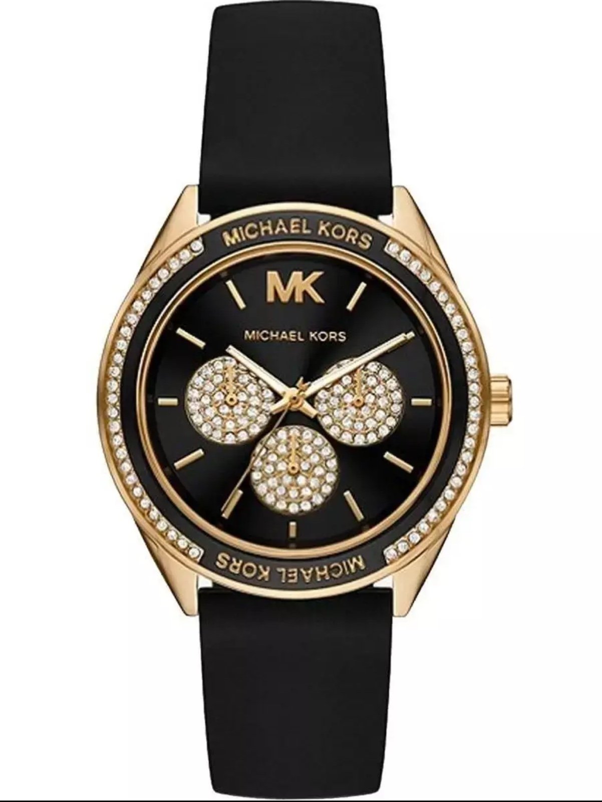 NEW Michael Kors Women's Quartz Black Silicon Strap Watch, model MK6944.