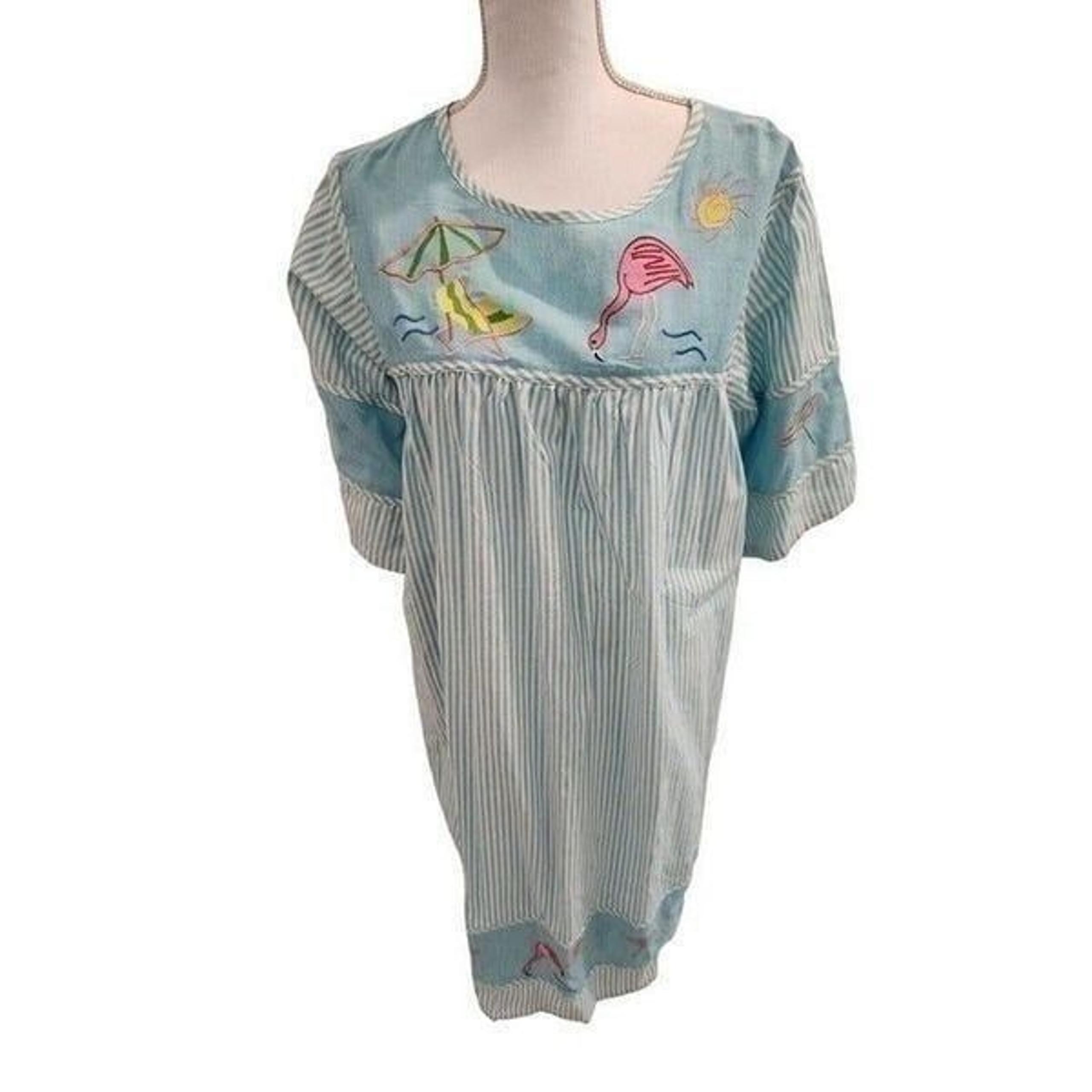 Vintage 80s Blue Flamingo MuuMuu Dress L Cotton Kaftan Patio Summer Cotton
