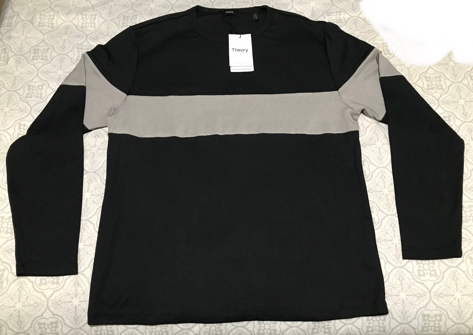 Theory(Size L) Mens Contrast Henley, Anemone Milano, Long Sleeve, Soft, Baltic