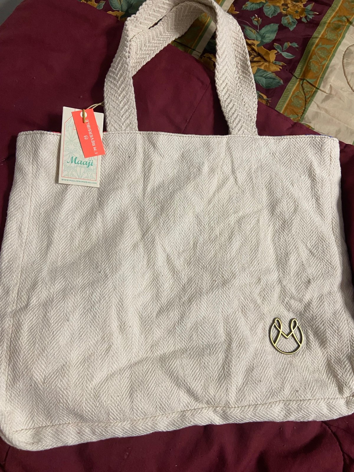 MAAJI Beige Herringbone FREE PEOPLE Canvas Reversible Tote Bag