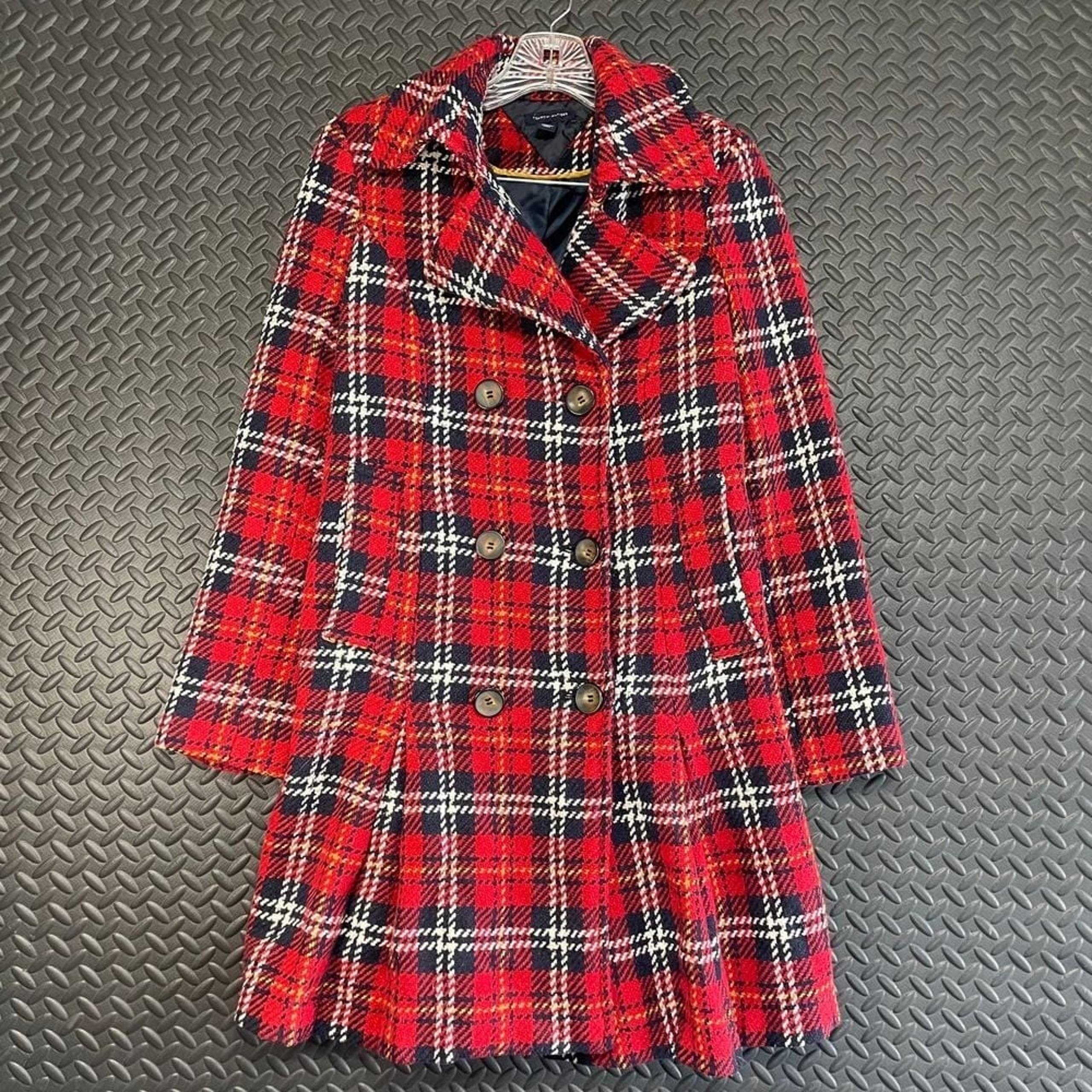 Tommy Hilfiger Red Black Plaid Double Breasted Casual Pea Coat Women's Size 4
