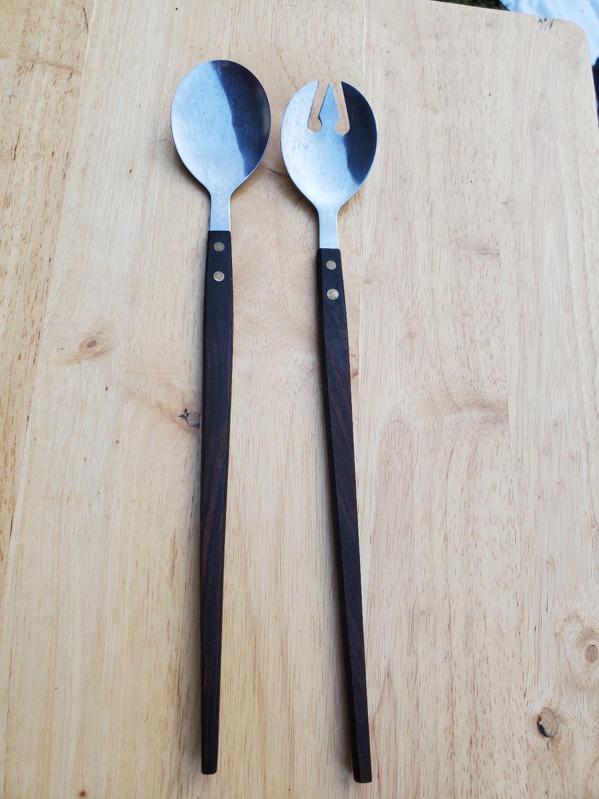MCM Salad Serving Set Rose Wood Handles & Stainless Steel Danish Modern Type VTG