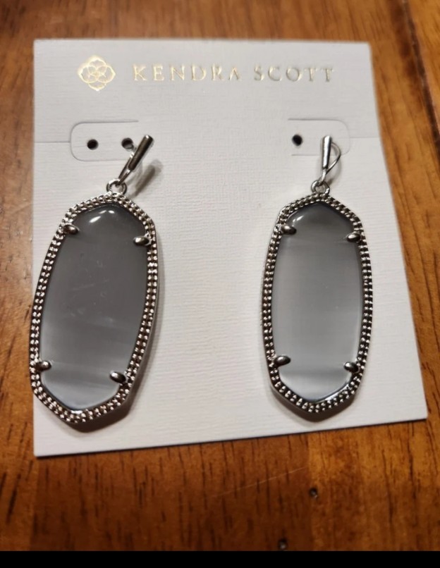 Kendra Scott Elle Silver Drop Earrings in Slate Cats Eye +Dust Pouch New