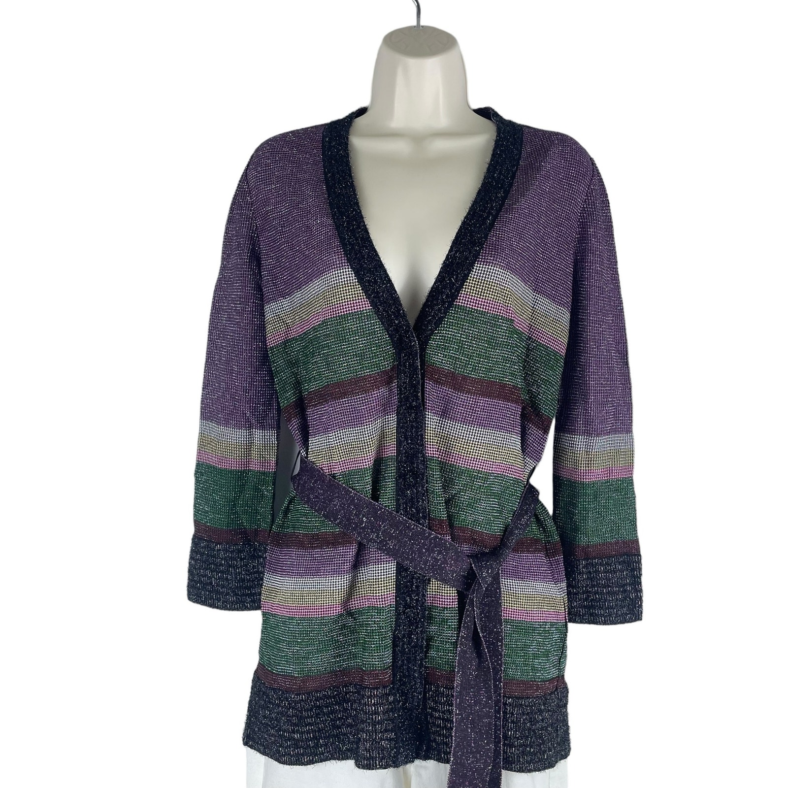Missoni Metallic Striped Cardigan Color Block Belt Tie Size 6