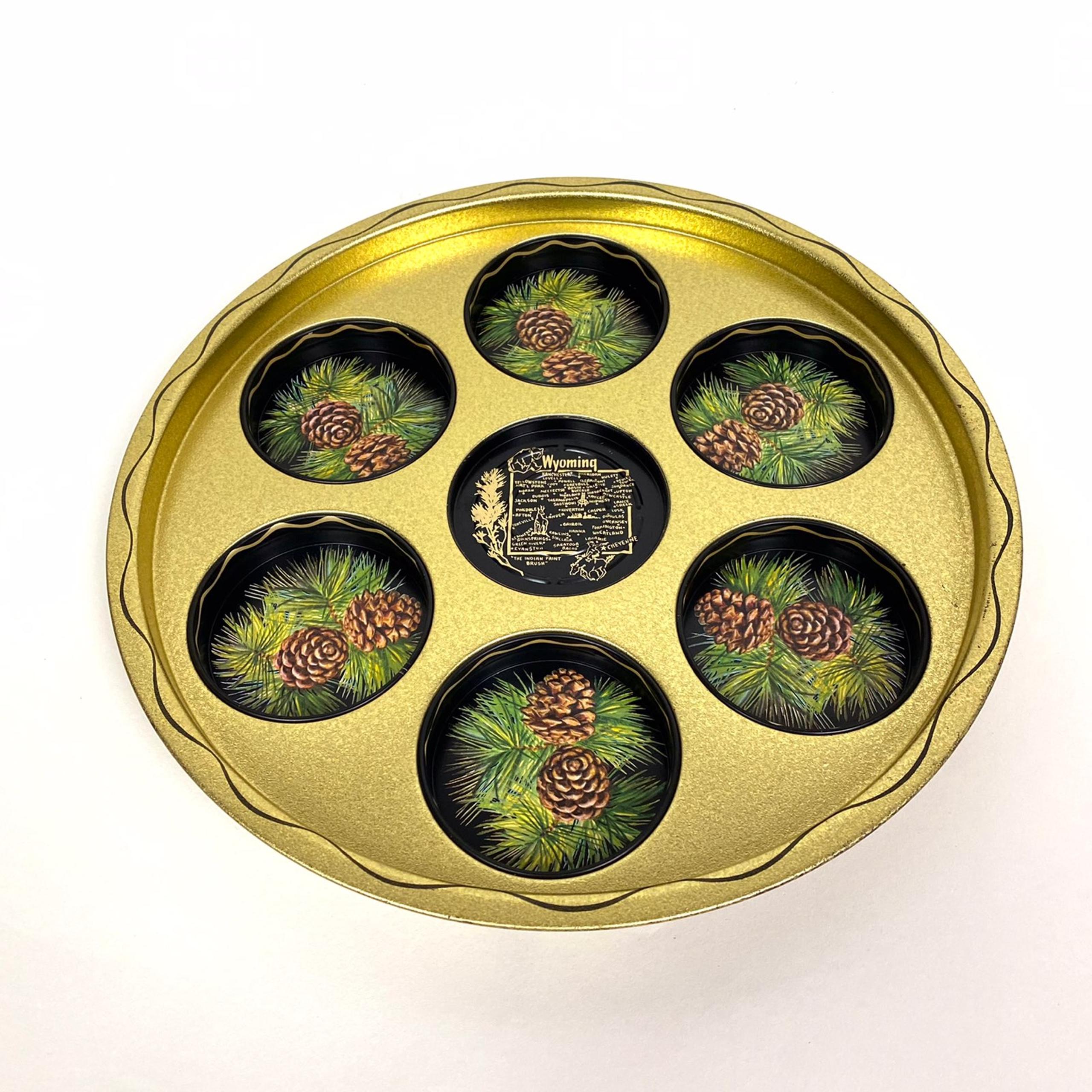 Vintage 70s Wyoming W/Pine Cones Design Insets For Glasses Serving Tray