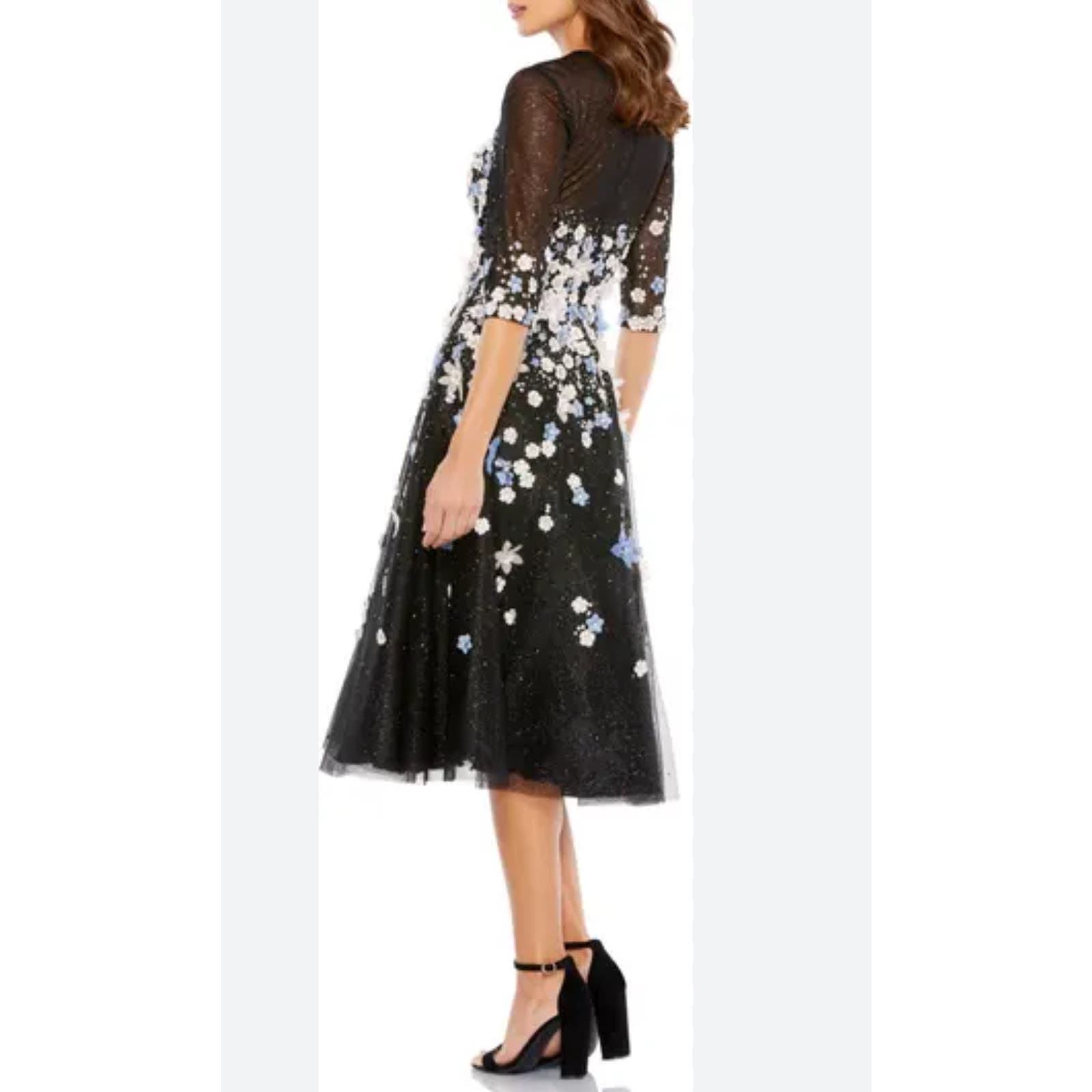 Mac Duggal Floral Applique Midi Cocktail Dress Black Multi Size 10 NWT