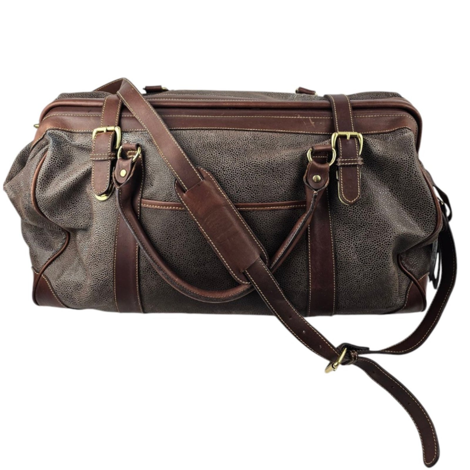 Classic Vintage Tuscany Pebbled Leather Travel Duffle With Clam Shell Opening.