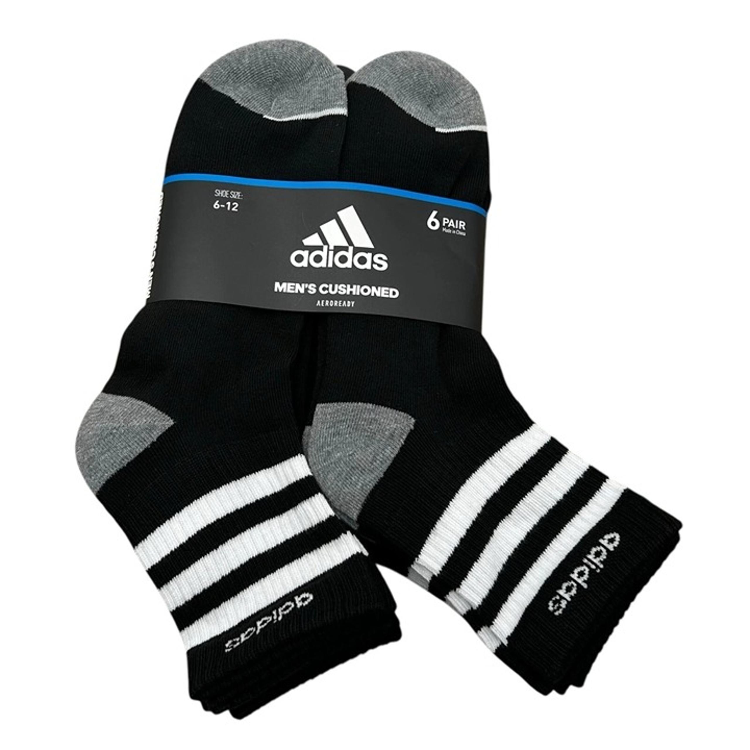 adidas Mens Athletic Mid Calf Socks 6pk Cushioned Size 6-12 Black-White 3-Stripe