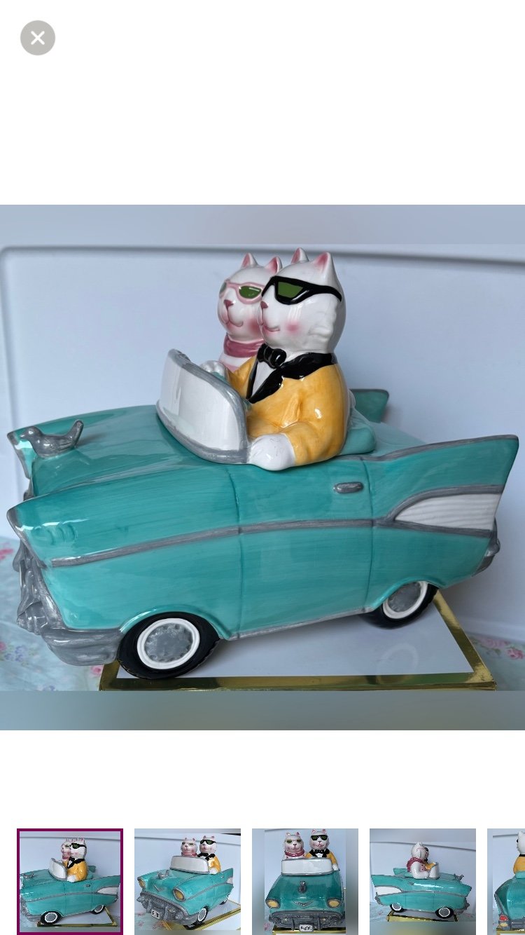 Vintage Clay Art Cookie Jar - Hipster Cat Figurines in a Convertible 1957 Chevy