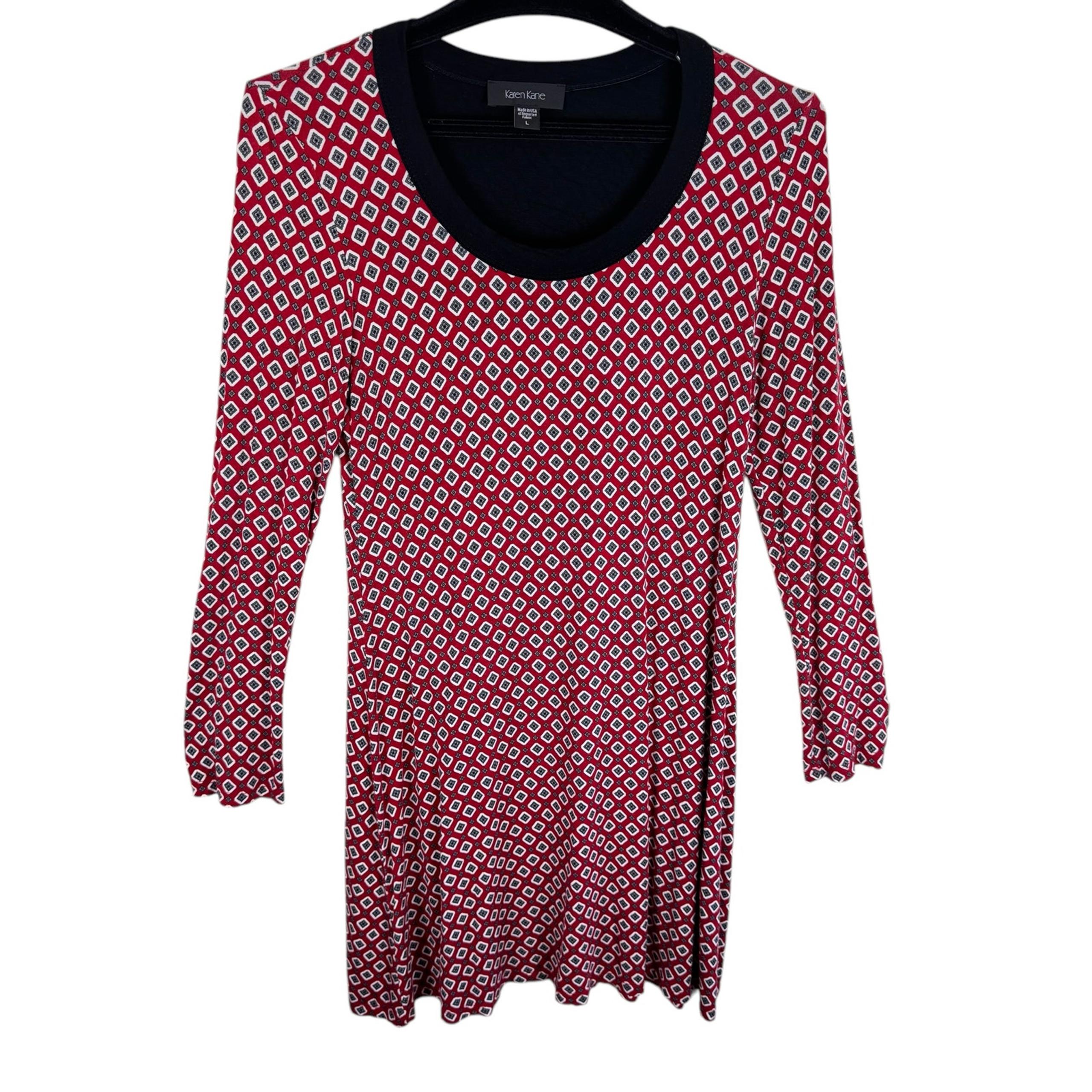 Karen Kane Red Black Diamond Print Long Sleeve Lightweight Knee Length Dress L