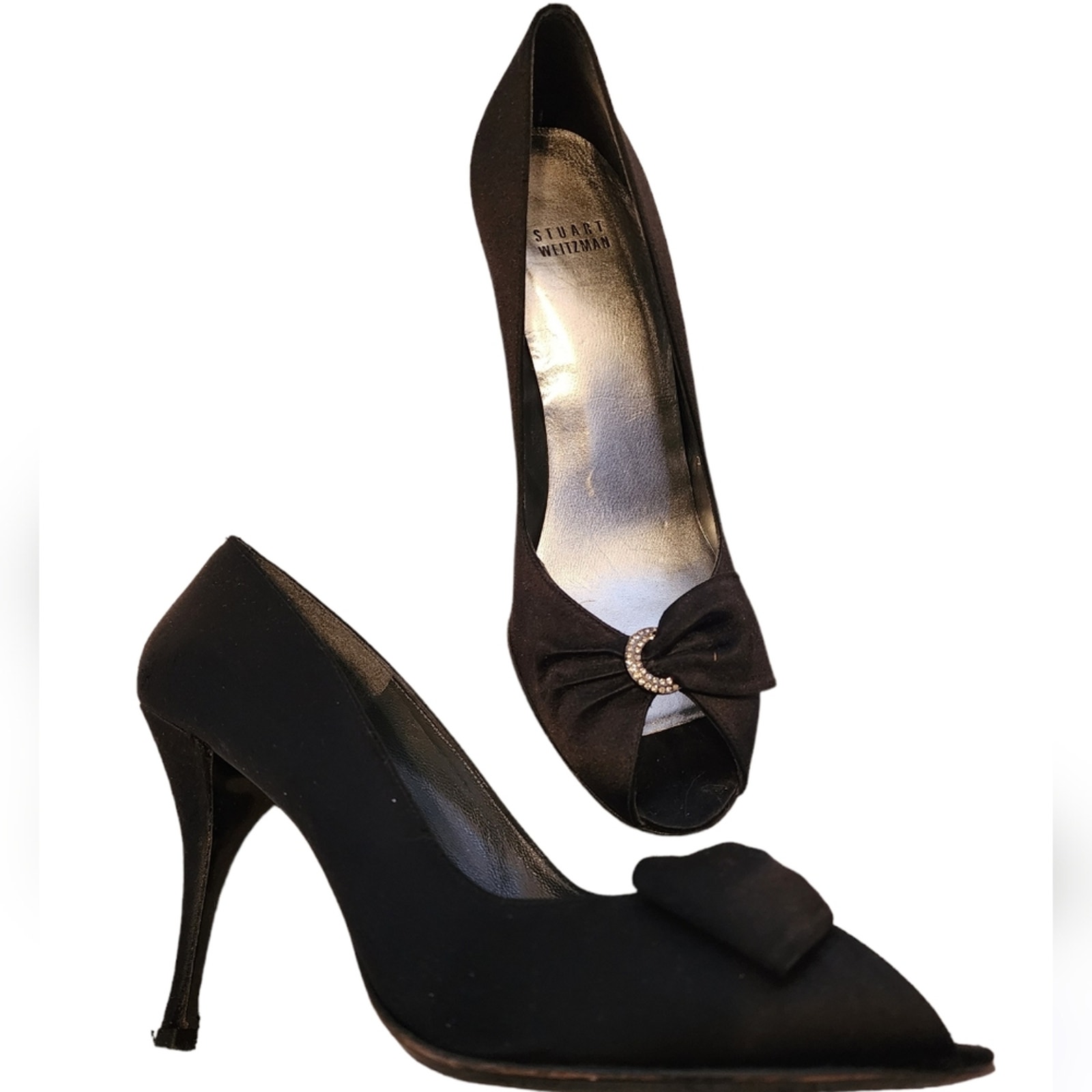 STUART WEIZTMAN BLACK SATIN FABRIC PEEP TOE HEELS SIZE 9.5M