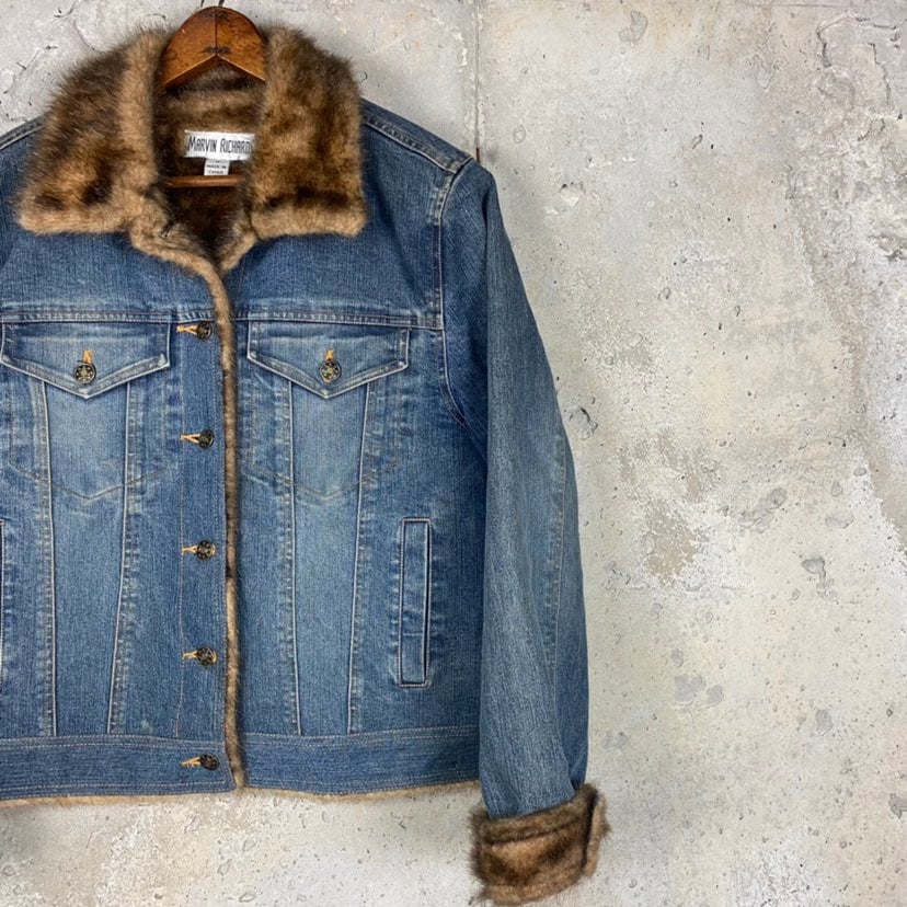Vintage marvin richards medium wash denim jacket tan brown fur lining