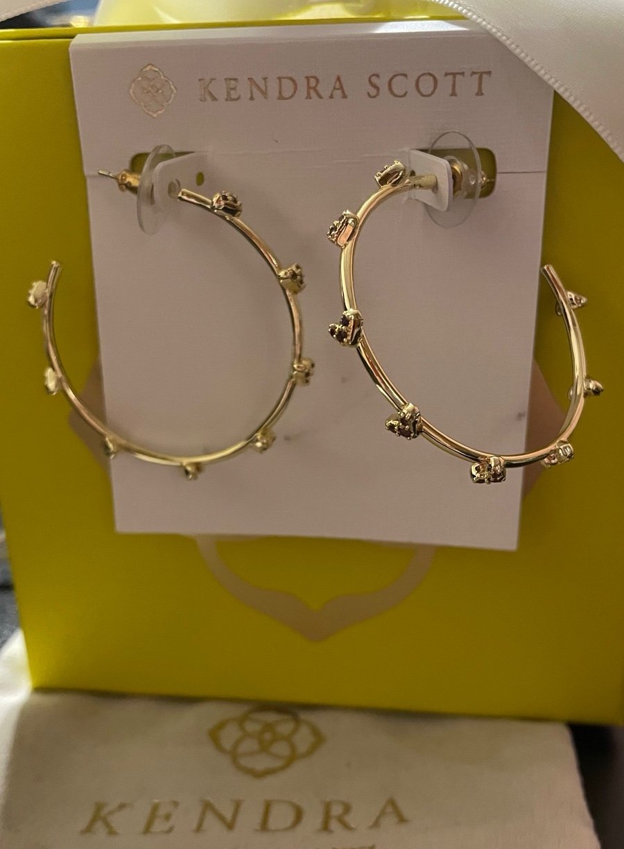 NWT Kendra Scott 14K Pink Crystal Hoop Earrings w/KS Box, Cloth Bag & Bow