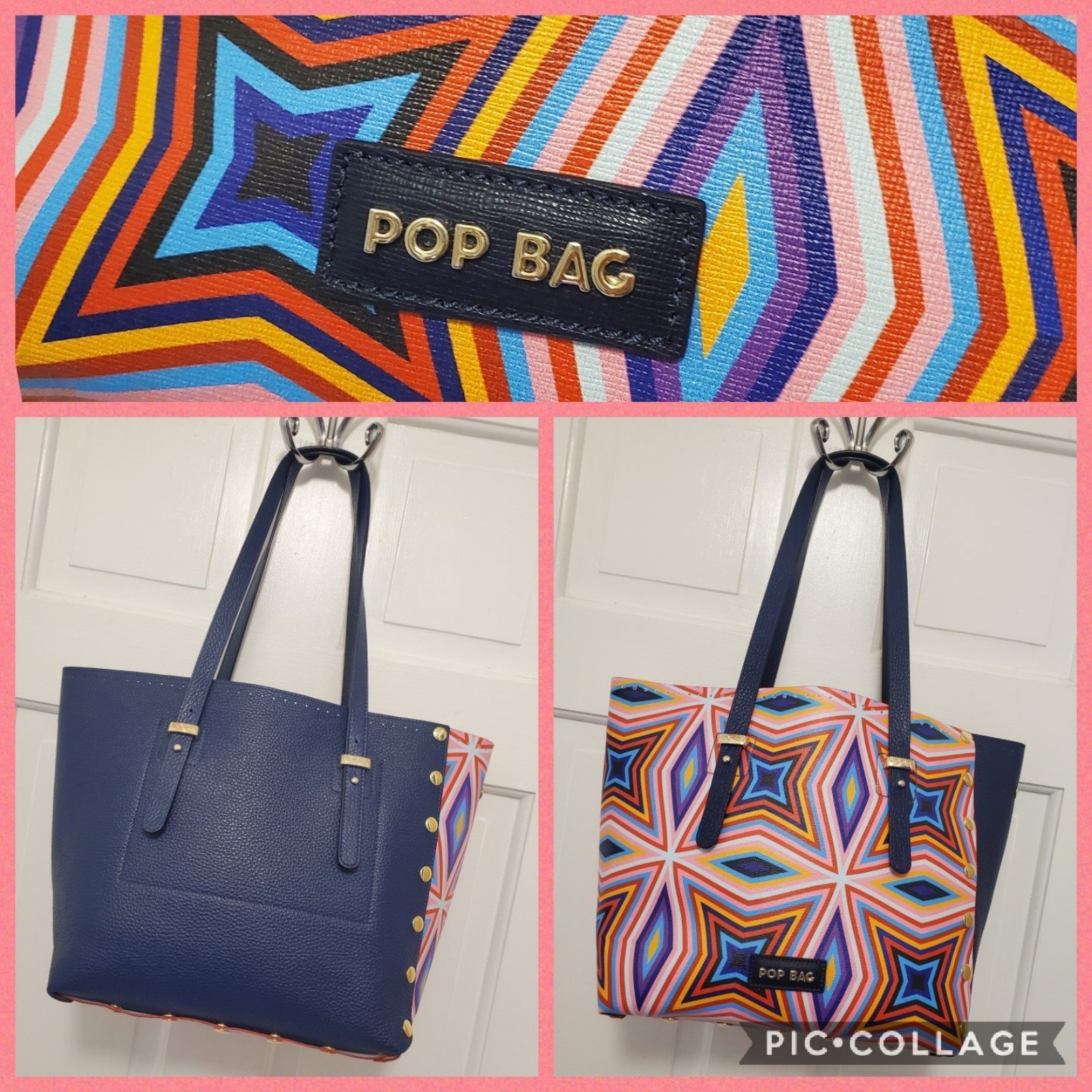 Pop Bag USA Kaleido & Navy Medium Leather Tote Colorful, Stylish Hard to find