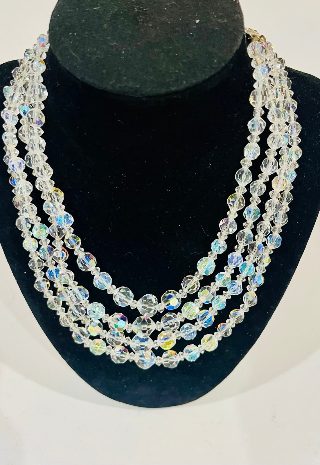 Vintage Crystal Aurora Borealis Beads 4-Strand Necklace Graduated, VINTAGE, Rare