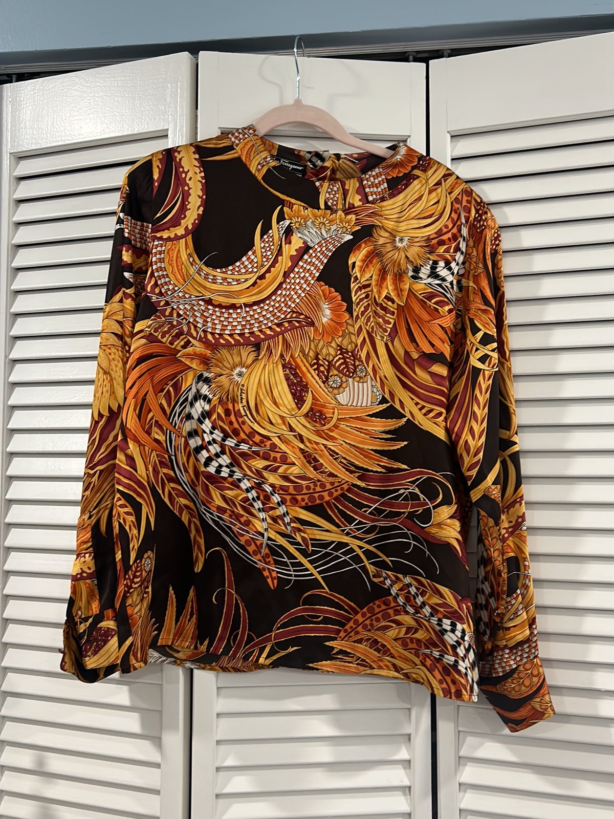 Salvatore, Ferragamo, shoulder pads silk shirt.