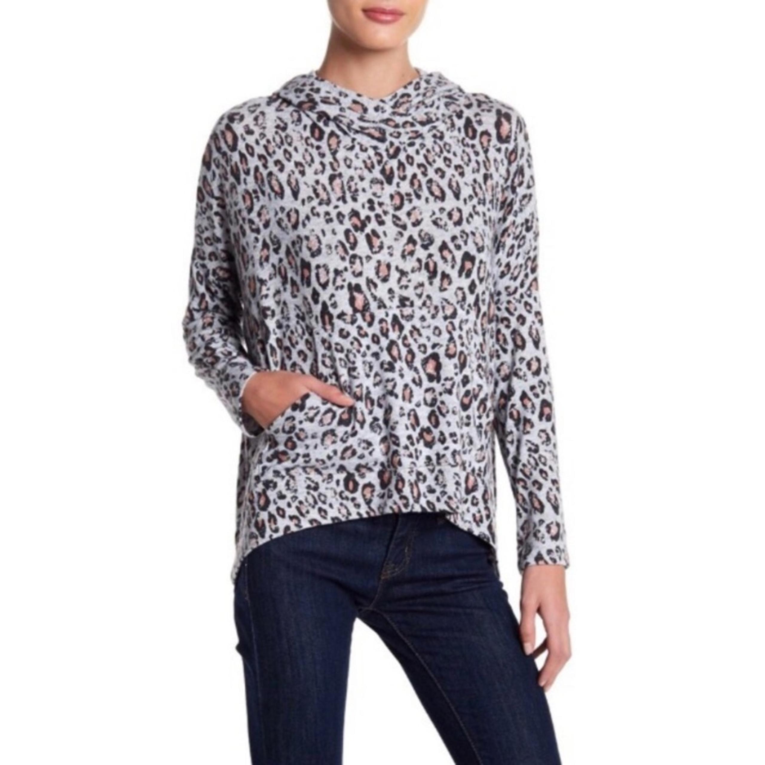 Sundry Draped Gray Leopard Print Hoodie Small