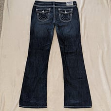 TRUE RELIGION boot cut flap pocket jeans with thick white threading