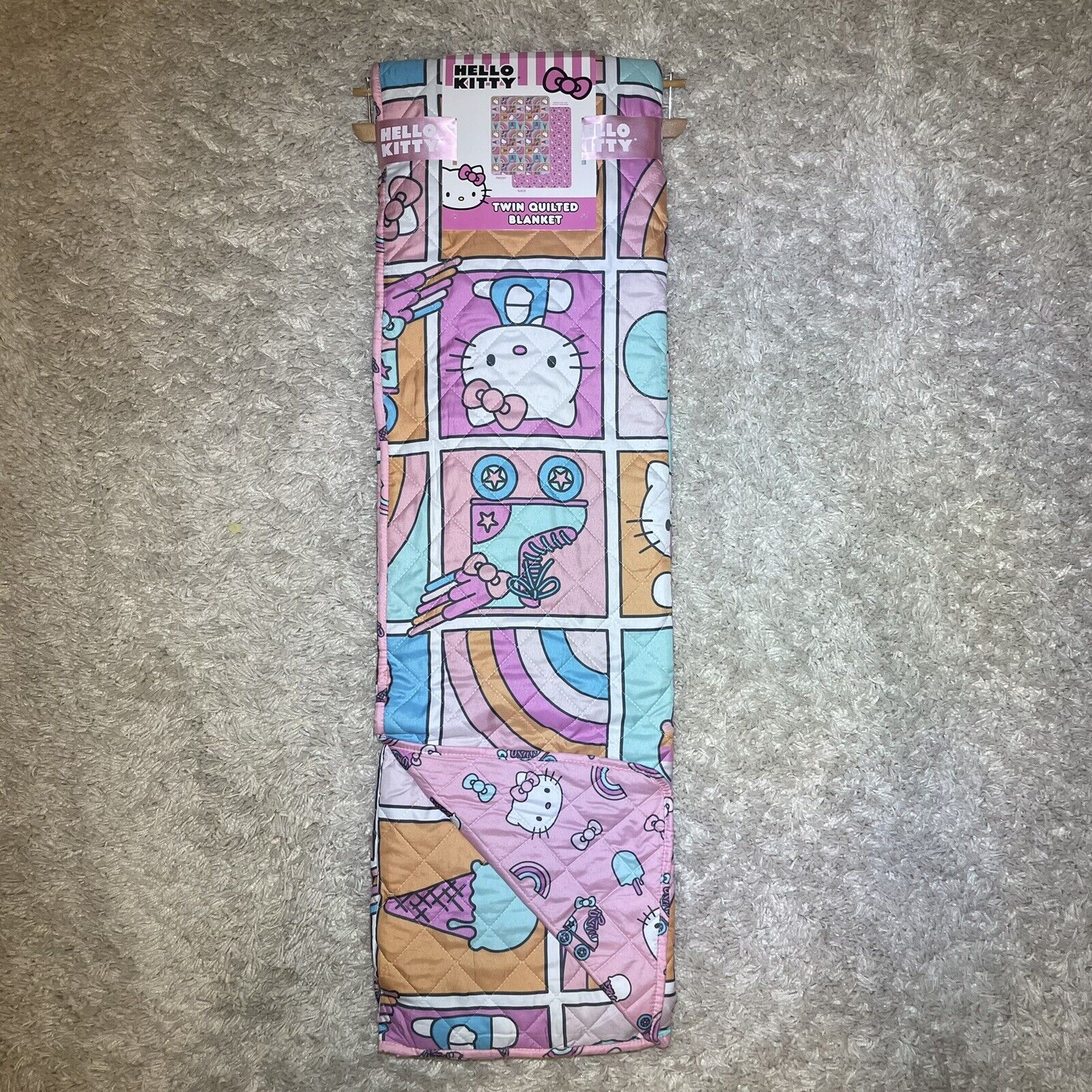 Sanrio Hello Kitty Pink 2sided TWIN Quilted Blanket Rollerblades 60”x90” NEW