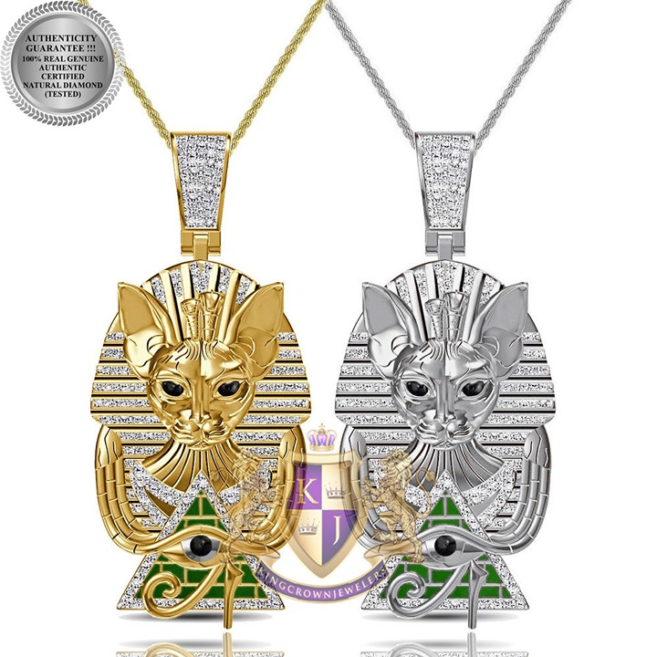 Real Diamond 0.85 Cwt. Egyptian Bastet Cat Sekhmet Horus Eye Of Ra Charm Pendant