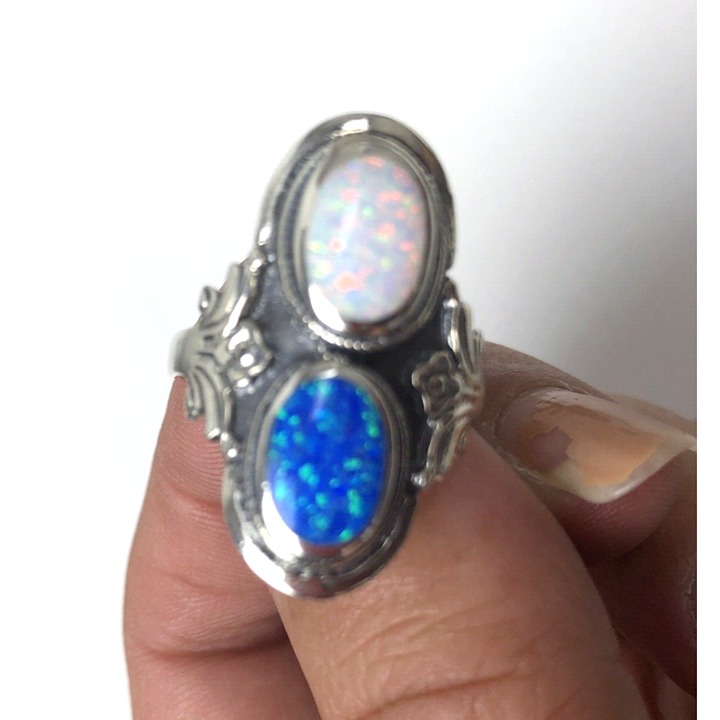 Navajo Hand Crafted Sterling Silver White And Blue Opal Inlay Ring Size 9.5 NEW